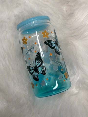 Blue Butterflies Glass Can